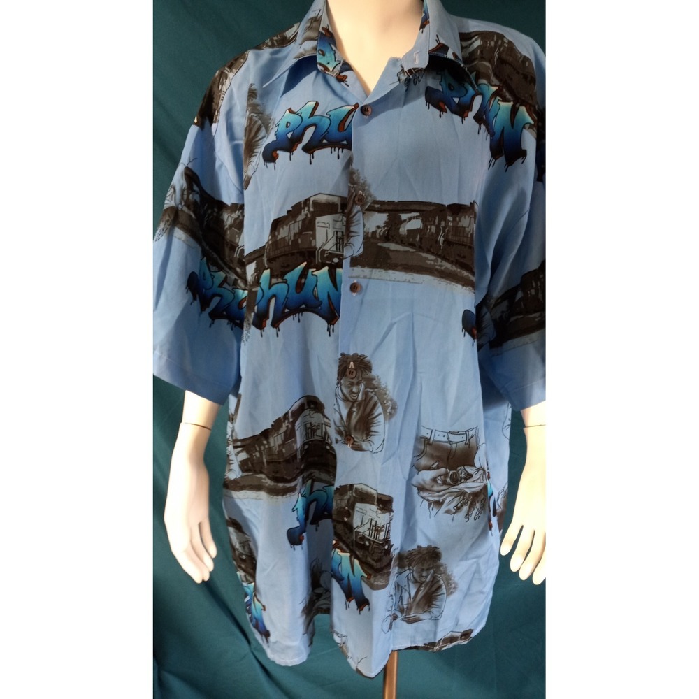 Men's XL blue graphic locomotive train button up short sleeve shirt graffiti tag